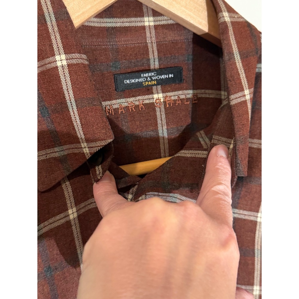 Mark Shale Mens Brown Plaid Button Down Shirt Fabric Woven in Spain Large - Picture 2 of 5